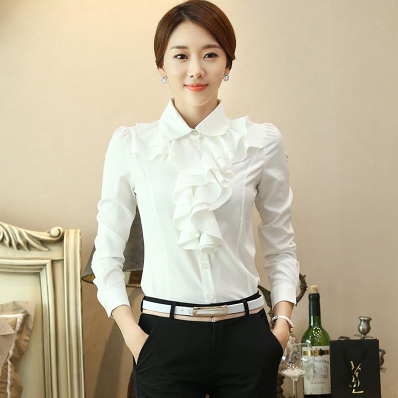 Size M-2XL women's clothing women's lotus ruffle white long-sleeved tops ladies professional lapel clothes girls blouse White,XL