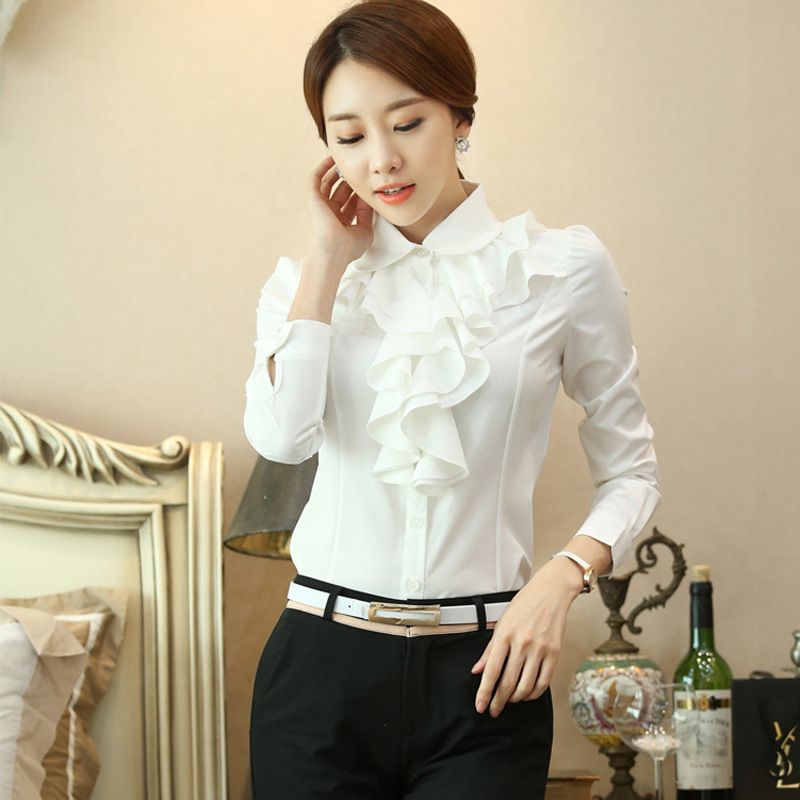 Size M-2XL women's clothing women's lotus ruffle white long-sleeved tops ladies professional lapel clothes girls blouse
