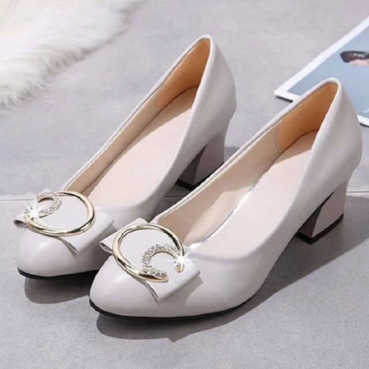 Thor Women's PU artificial leather thick heels shoes girls shallow mouth pointed single heels light fashion high heels Mom work shoes Beige