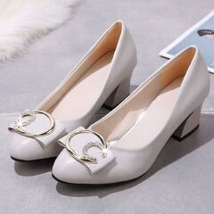 Thor Women's PU artificial leather thick heels shoes girls shallow mouth pointed single heels light fashion high heels Mom work shoes Beige