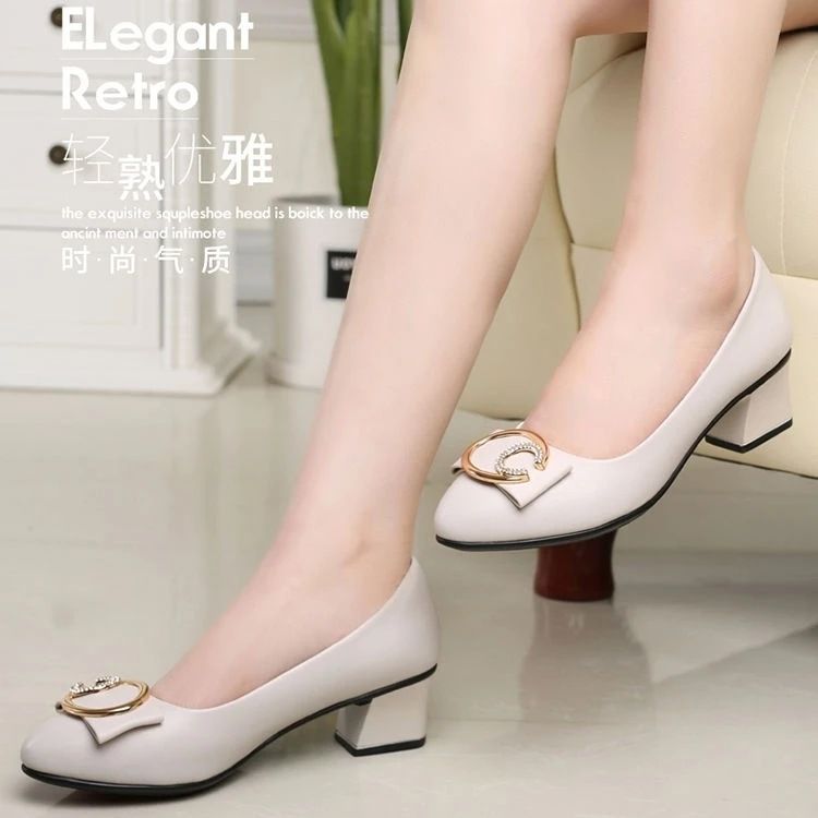 Women's PU artificial leather thick heels shoes girls shallow mouth pointed single heels light fashion high heels Mom work shoes