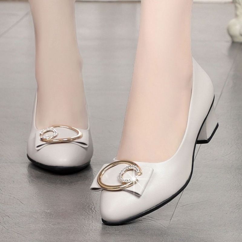Women's PU artificial leather thick heels shoes girls shallow mouth pointed single heels light fashion high heels Mom work shoes