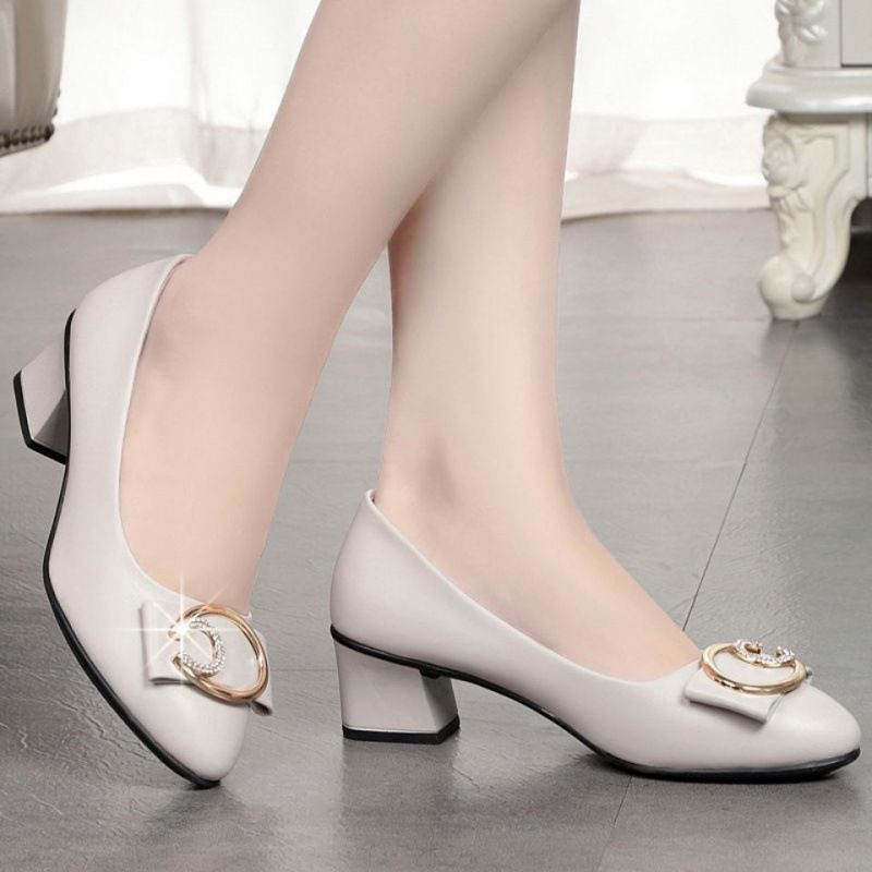 Women's PU artificial leather thick heels shoes girls shallow mouth pointed single heels light fashion high heels Mom work shoes
