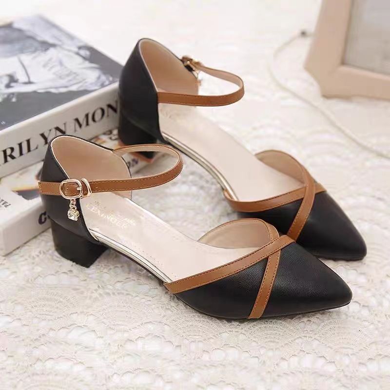 Women's PU artificial leather sandal thick heel girls pointed soft sole mid-heel shoes Lace-up shoes buckle Mom work single shoes Black,EU37