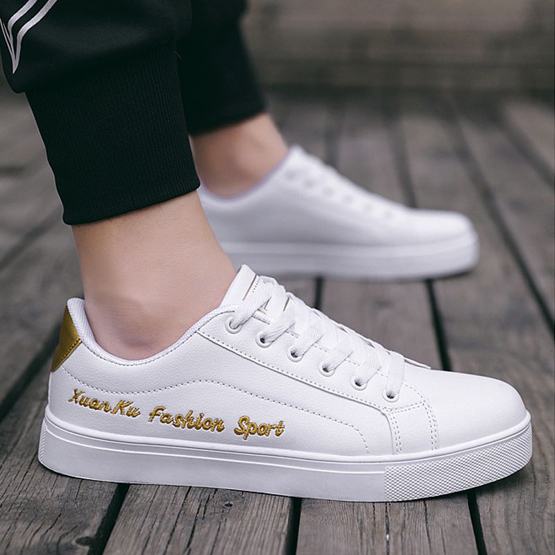 Men's casual PU artificial leather shoes Boys white sports shoes fashion running shoes driving shoes students single shoes athletic skateboarding shoes sneakers
