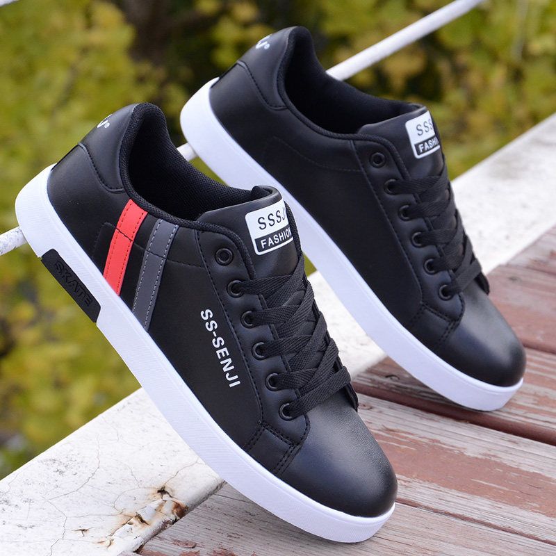 Men's casual PU artificial leather shoes fashion running shoes driving shoes students single shoes athletic women's skateboarding shoes sneakers Boys white sports shoes Black,EU42