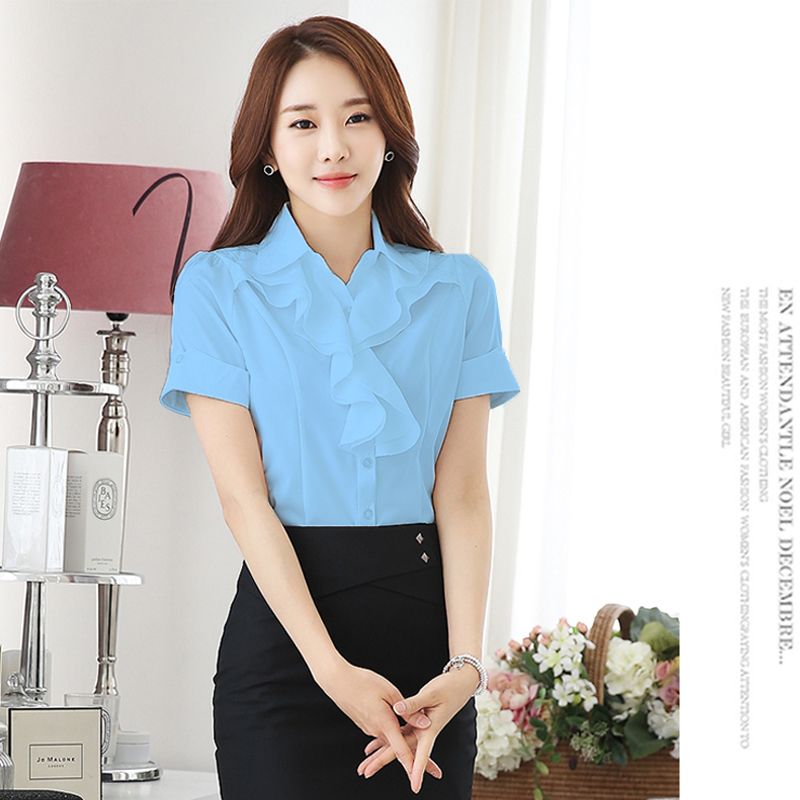 Size M-2XL women's lotus ruffle blue short-sleeved tops ladies professional lapel clothes girls blouse women's clothing