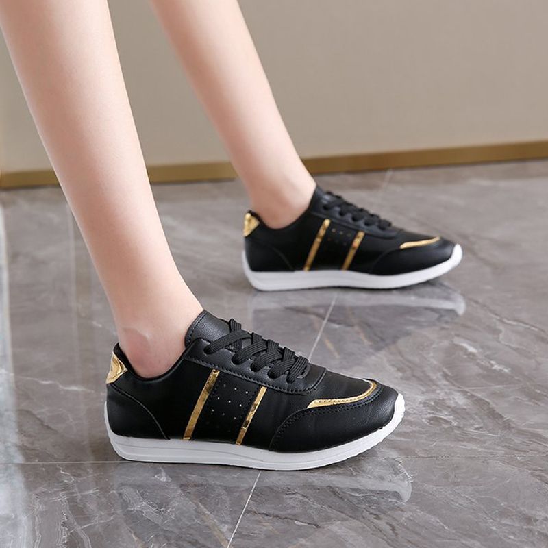 Size 38-42 women's PU artificial leather shoes students black shoes ladies running shoes girls board shoes athletic flat fashion casual sports shoes