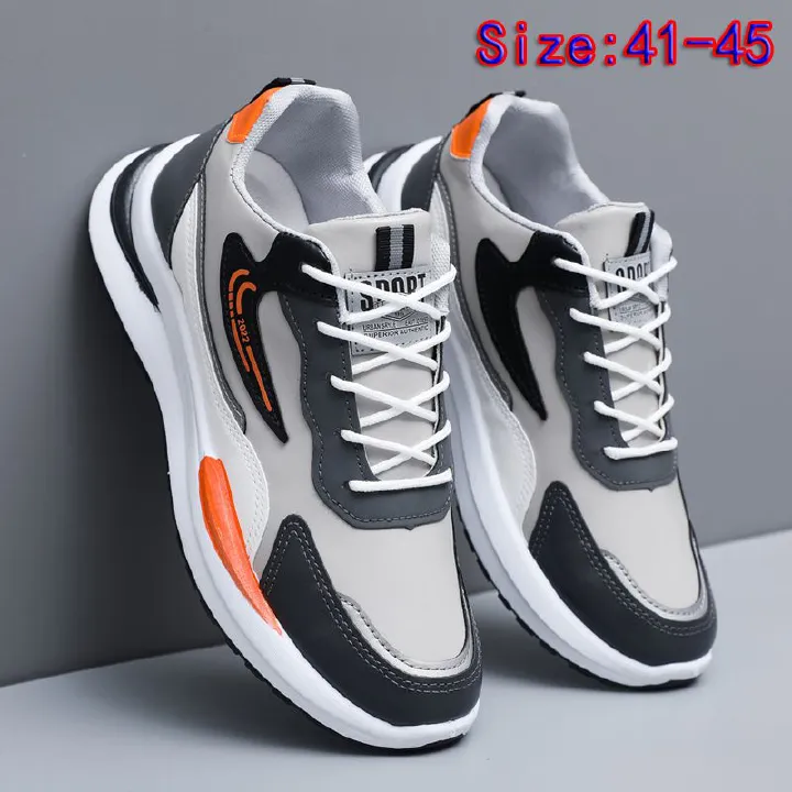 Thor Size 41-45 Men's PU artificial leather fashion sneakers outdoor sports shoes students running shoes Boys walking shoes athletic driving shoes grey +orange