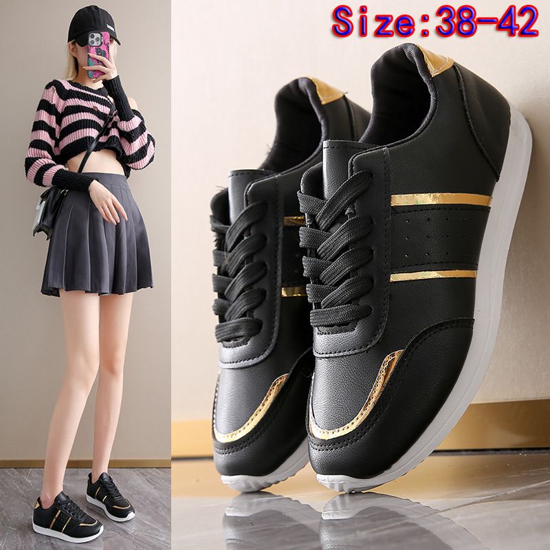 Size 38-42 women's PU artificial leather shoes students black shoes ladies running shoes girls board shoes athletic flat fashion casual sports shoes
