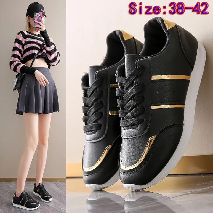 Size 38-42 women's PU artificial leather shoes students black shoes ladies running shoes girls board shoes athletic flat fashion casual sports shoes