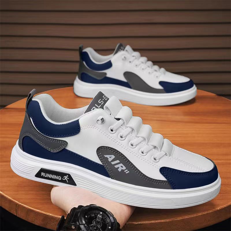 Size 41-44 Men's casual PU artificial leather running shoes sneakers boys sports driving shoes students single shoes athletic skateboarding shoes white+  blue+  grey