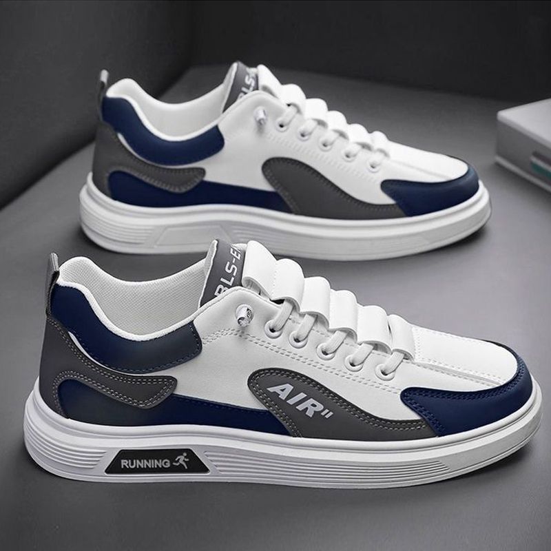 Size 41-44 Men's casual PU artificial leather running shoes sneakers boys sports driving shoes students single shoes athletic skateboarding shoes white+  blue+  grey
