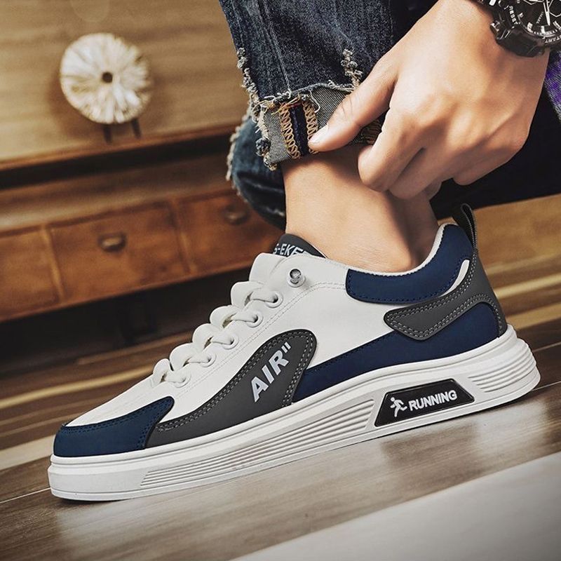 Size 41-44 Men's casual PU artificial leather running shoes sneakers boys sports driving shoes students single shoes athletic skateboarding shoes white+  blue+  grey