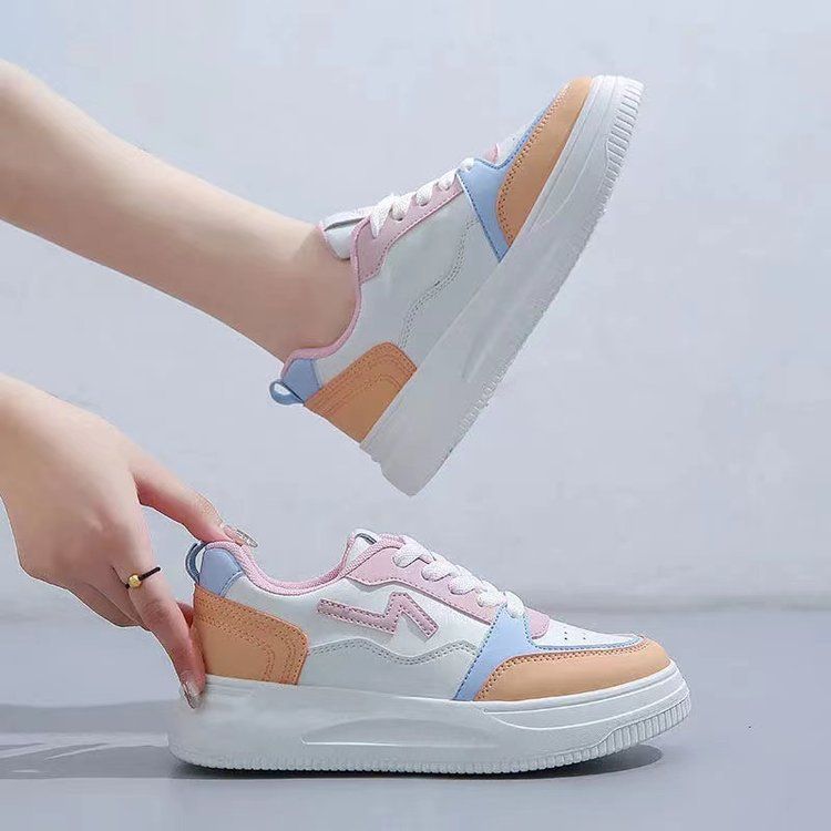 Size 37-40 women's PU artificial leather shoes students white shoes athletic flat fashion casual sports shoes ladies running shoes girls board shoes white + pink