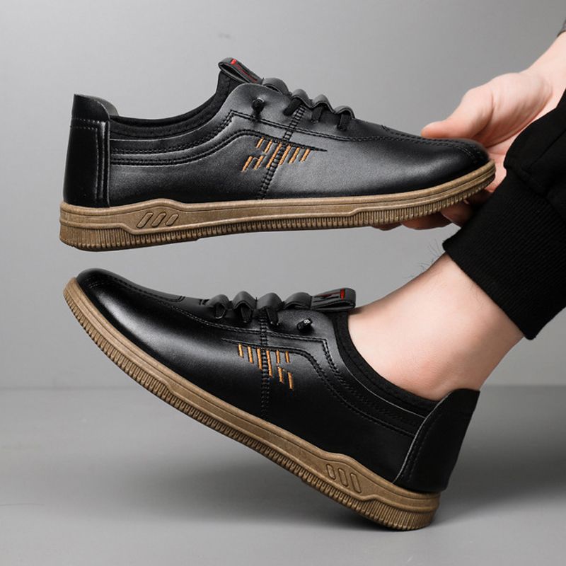 Thor Size 41-44 Men's PU Leather shoes boys fashion single shoes students soft artificial leather driving shoes Daddy business shoes non-slip shoes  black