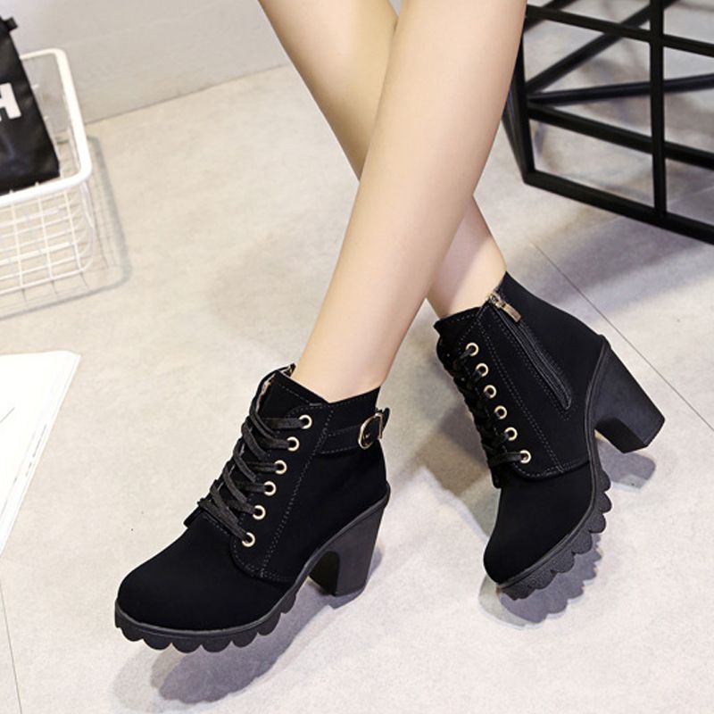 Thor Women's thick-soled short boots Martin boots ladies lace-up round-toe boots girls matte material high heels  black heels