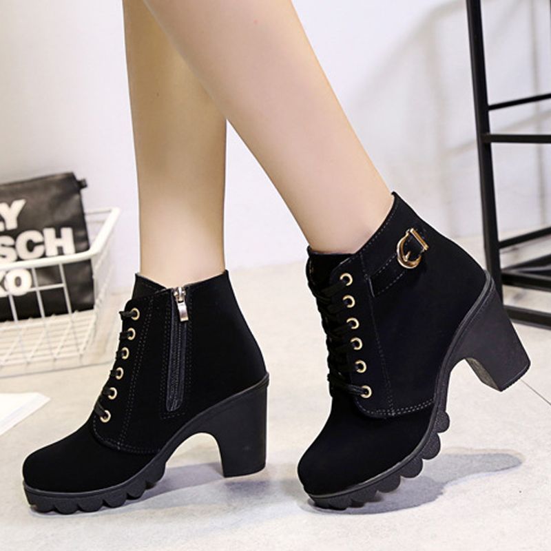 Thor Women's thick-soled short boots Martin boots ladies lace-up round-toe boots girls matte material high heels  black heels