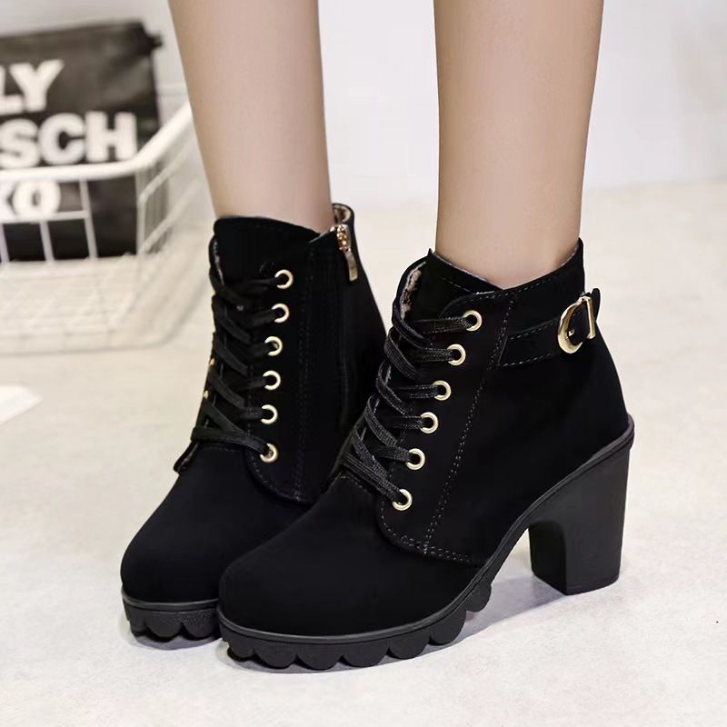 Thor Women's thick-soled short boots Martin boots ladies lace-up round-toe boots girls matte material high heels  black heels