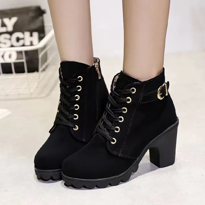 Thor Women's thick-soled short boots Martin boots ladies lace-up round-toe boots girls matte material high heels  black heels