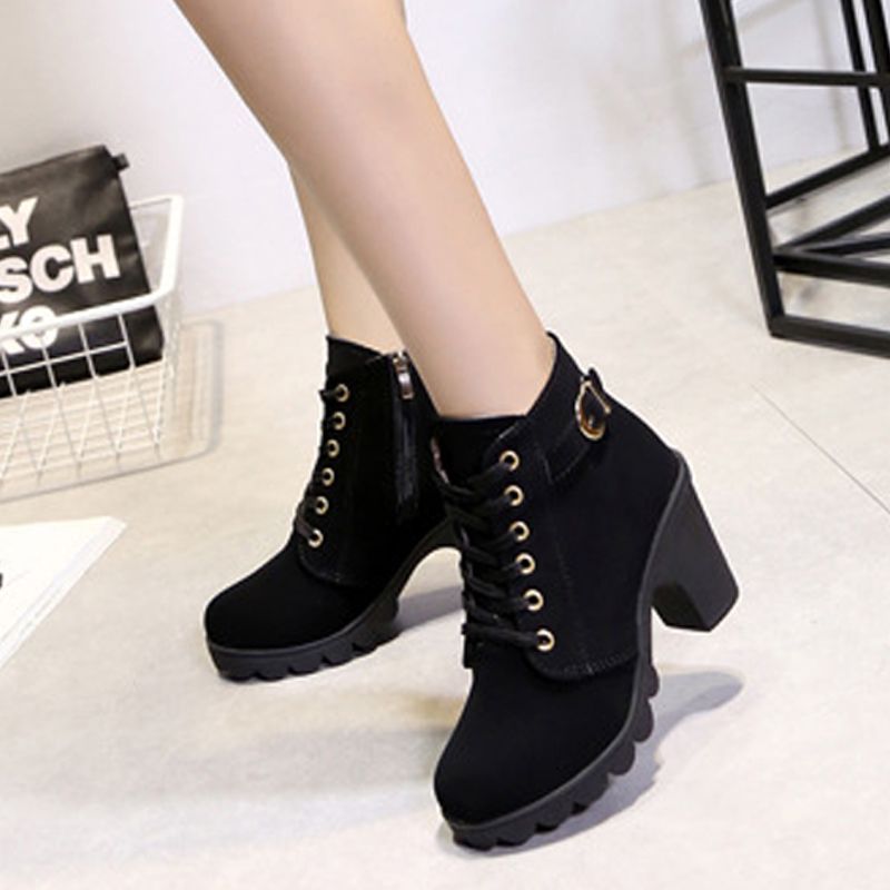 Thor Women's thick-soled short boots Martin boots ladies lace-up round-toe boots girls matte material high heels  black heels