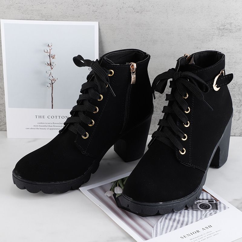 Thor Women's thick-soled short boots Martin boots ladies lace-up round-toe boots girls matte material high heels  black heels