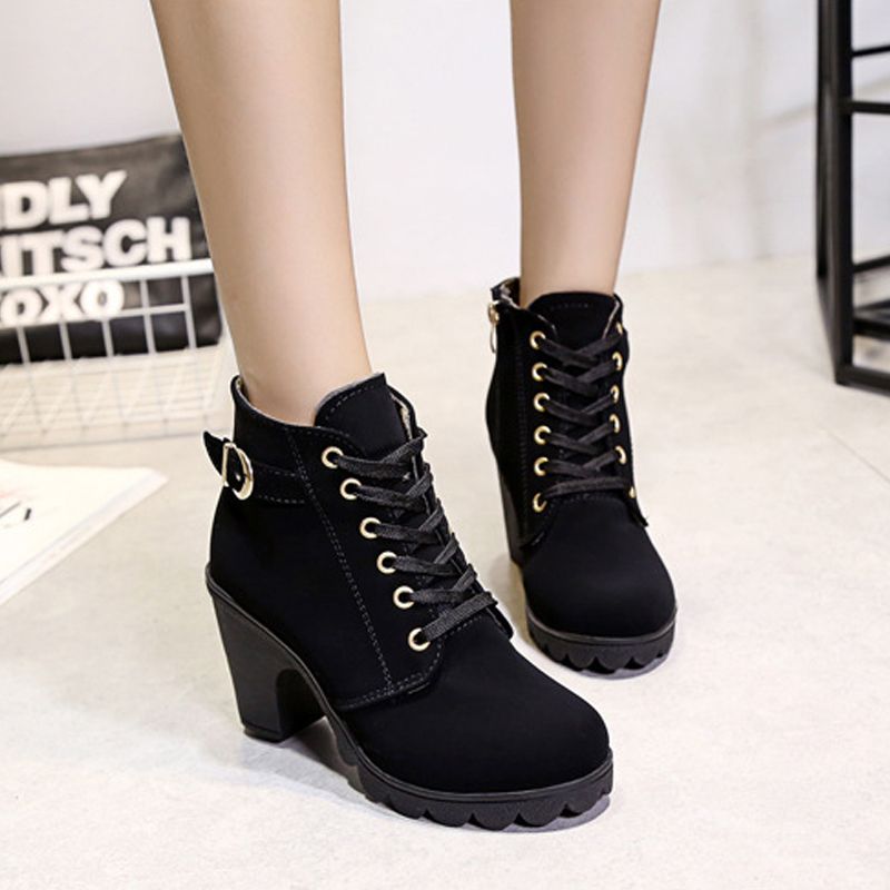 Thor Women's thick-soled short boots Martin boots ladies lace-up round-toe boots girls matte material high heels  black heels