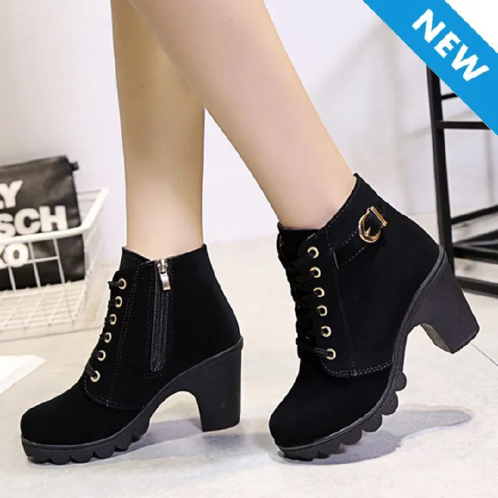 Thor Women's thick-soled short boots Martin boots ladies lace-up round-toe boots girls matte material high heels  black heels
