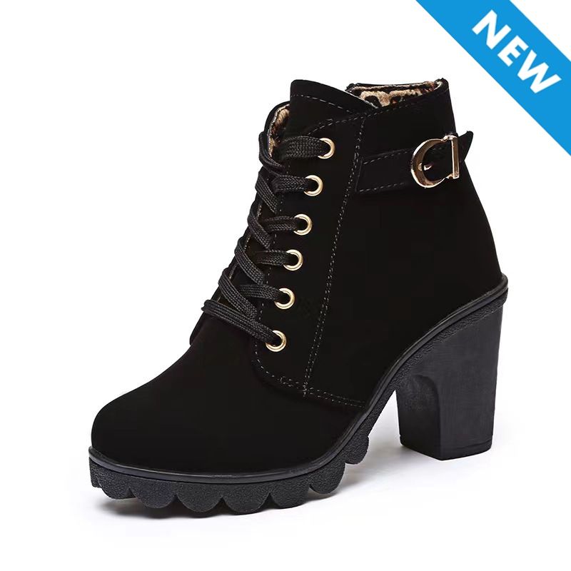 Thor Women's thick-soled short boots Martin boots ladies lace-up round-toe boots girls matte material high heels  black heels