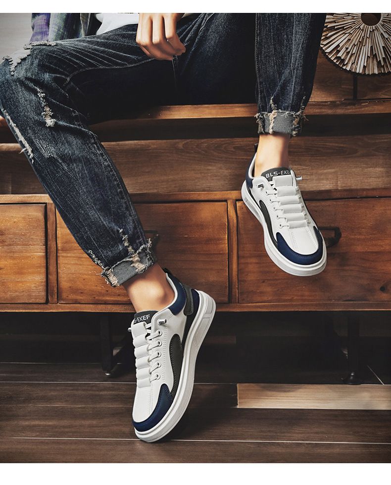 Thor Size 41-44 Men's casual PU artificial leather running shoes sneakers boys sports driving shoes students single shoes athletic skateboarding shoes white+  blue+  grey