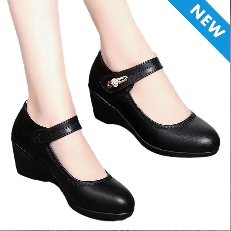 Thor size 38-42 women's PU artificial leather work black  heels shoes ladies single shoes girls' wedge heels soft soled work Shoes Mom anti-slip shoes