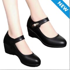 Thor size 38-42 women's PU artificial leather work black  heels shoes ladies single shoes girls' wedge heels soft soled work Shoes Mom anti-slip shoes