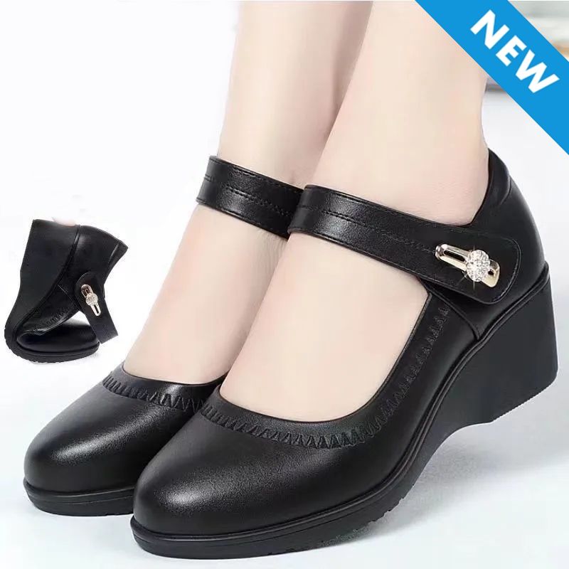 Thor size 38-42 women's PU artificial leather work black  heels shoes ladies single shoes girls' wedge heels soft soled work Shoes Mom anti-slip shoes