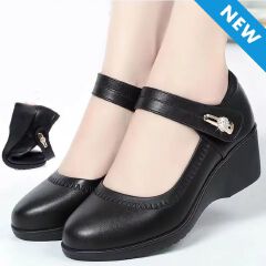 Thor size 38-42 women's PU artificial leather work black  heels shoes ladies single shoes girls' wedge heels soft soled work Shoes Mom anti-slip shoes