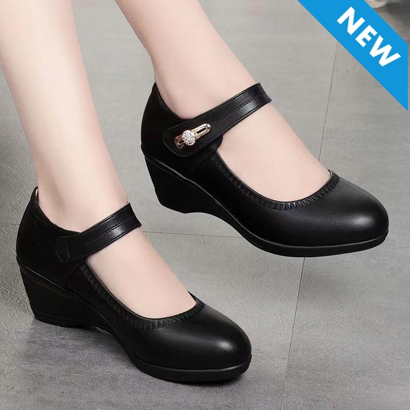 Thor size 38-42 women's PU artificial leather work black  heels shoes ladies single shoes girls' wedge heels soft soled work Shoes Mom anti-slip shoes
