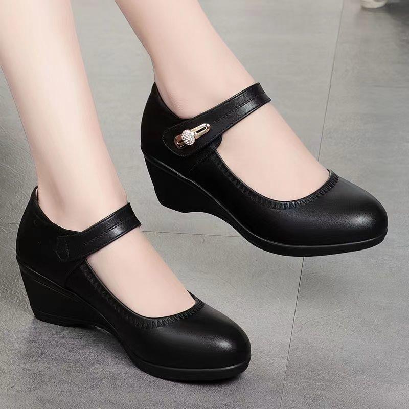 Thor size 38-42 women's PU artificial leather work black  heels shoes ladies single shoes girls' wedge heels soft soled work Shoes Mom anti-slip shoes