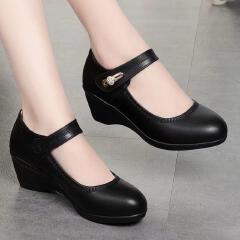 Thor size 38-42 women's PU artificial leather work black  heels shoes ladies single shoes girls' wedge heels soft soled work Shoes Mom anti-slip shoes