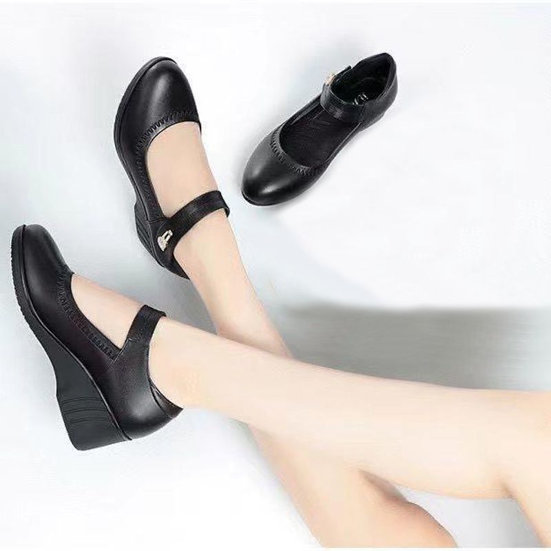 Thor size 38-42 women's PU artificial leather work black  heels shoes ladies single shoes girls' wedge heels soft soled work Shoes Mom anti-slip shoes