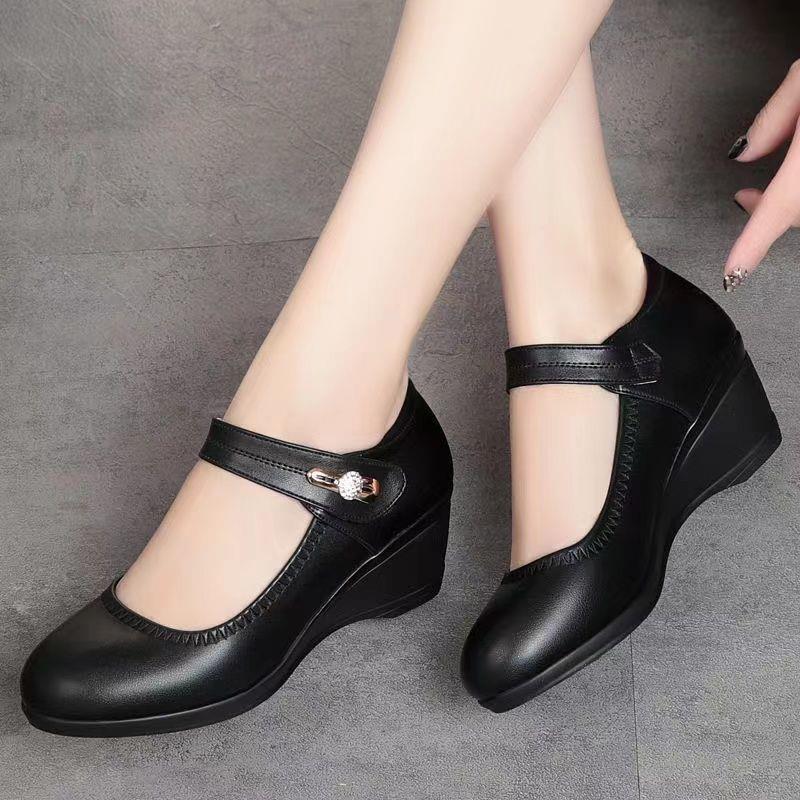 Thor size 38-42 women's PU artificial leather work black  heels shoes ladies single shoes girls' wedge heels soft soled work Shoes Mom anti-slip shoes