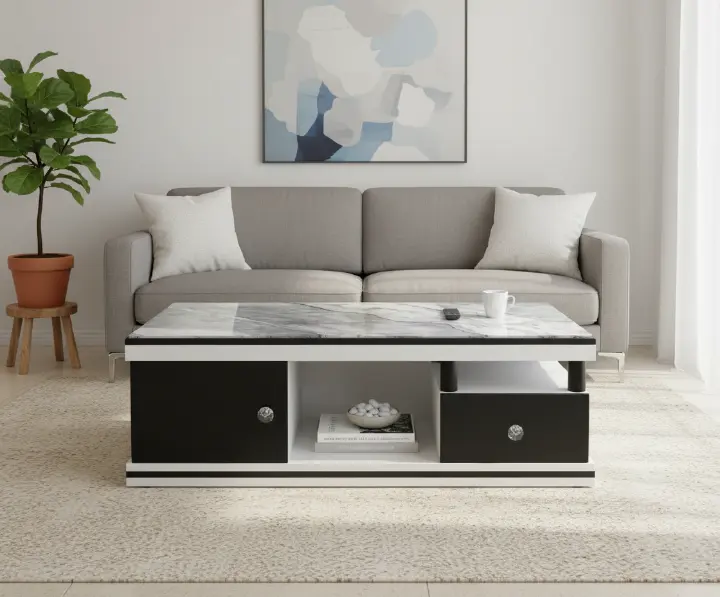 Modern Marble Top Coffee Table Elegant With Drawers for Living Room (Black and Gray) and (White)