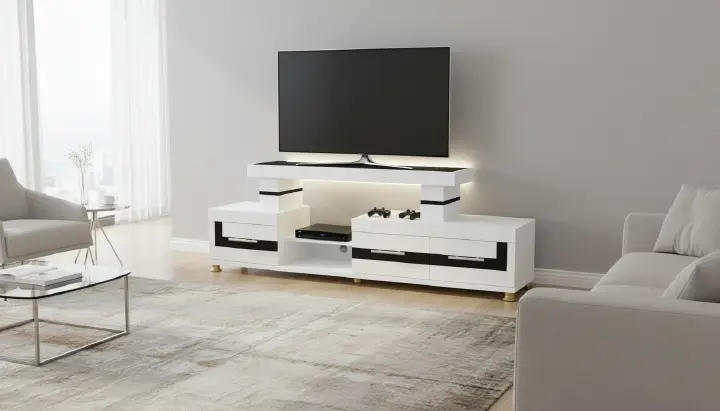 ON OFFER!! Modern TV Stand 5FTS Wooden With LED Lights Can Fit upto 55 Inch TV Black and White with cabinets for storage PLUS Free 4 Way Extension Cable