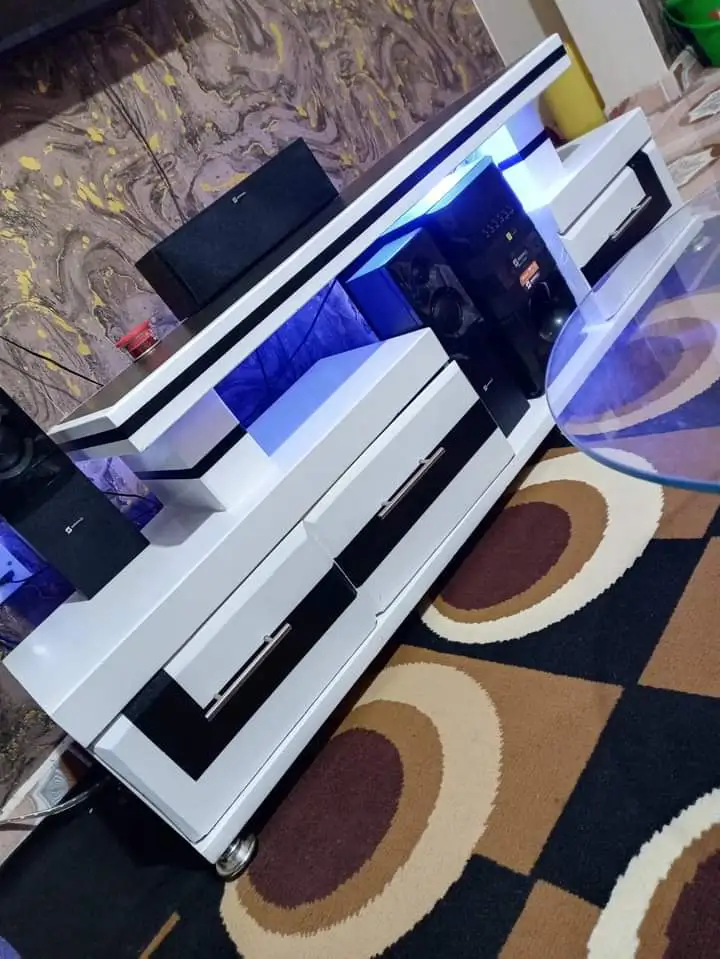 ON OFFER!! Modern TV Stand 5FTS Wooden With LED Lights Can Fit upto 55 Inch TV Black and White with cabinets for storage PLUS Free 4 Way Extension Cable