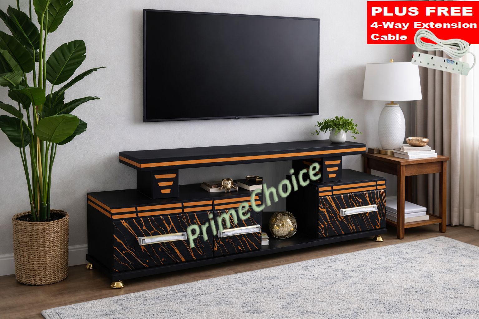 High Quality Black Modern TV Stand With LED Lights 5FT Long Can Fit upto 55 Inch TV  Stylish Storage Cabinet For Living Room  PLUS Free 4-Way Extension