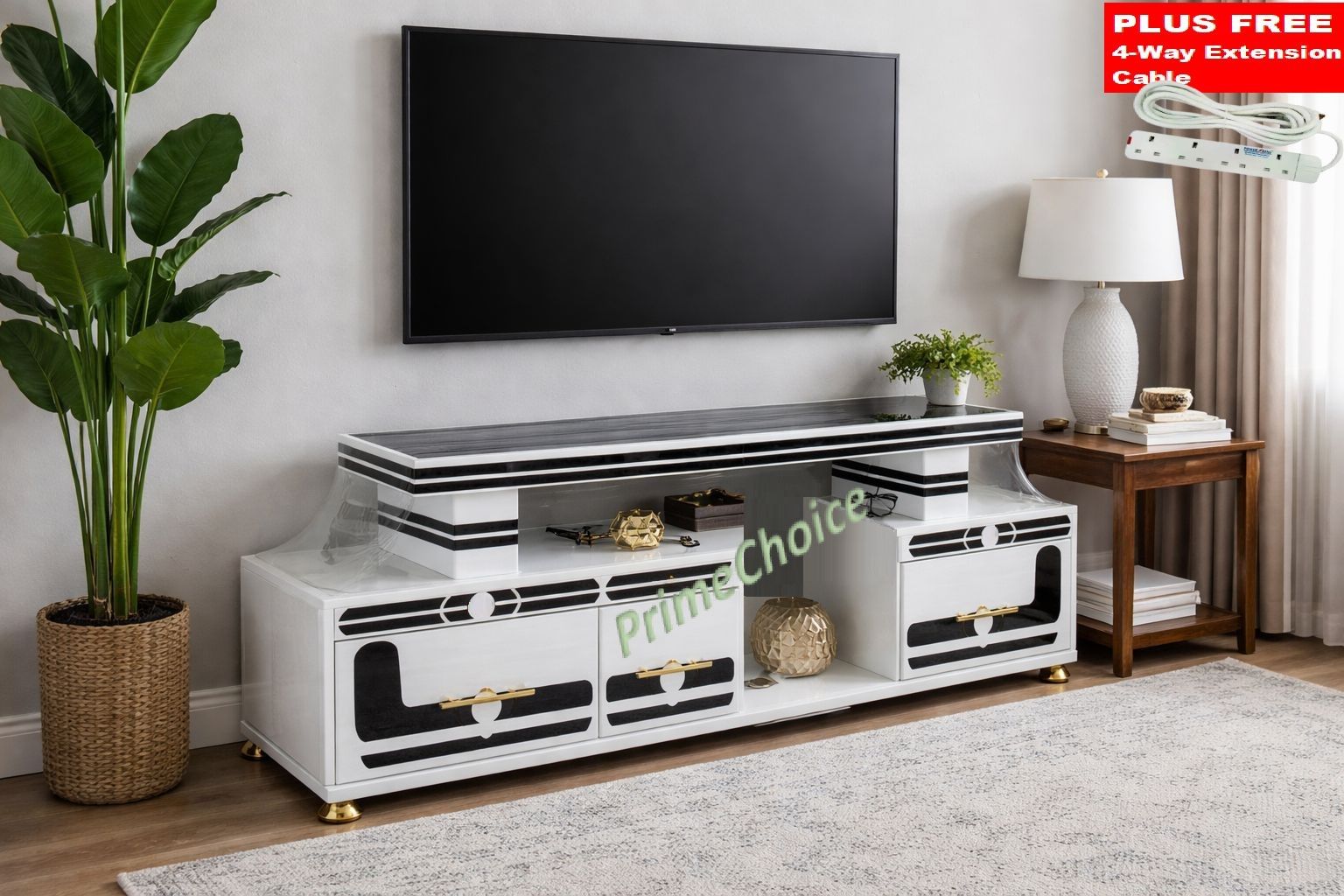 ON OFFER!! Classic Modern TV Stand 5FT  With LED Lights  Can Fit upto 55 Inch TV High Quality Wooden TV Stand Stylish and Durable PLUS Free 4-Way Extension Cable