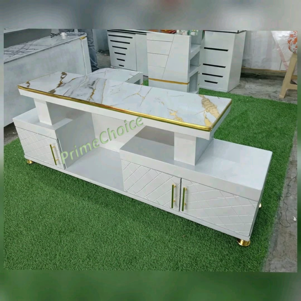 Modern TV Stand 5FT Wooden with Marble Top With LED Lights Can Fit upto 55 Inch TV  High Quality TV Stands Stylish Classic and Durable PLUS Free 4-Way Extension Cable