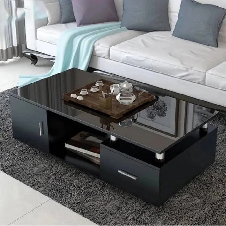 Elegant Black Marble Top Coffee Table – Modern Center Table with Drawer & Open Shelf Storage