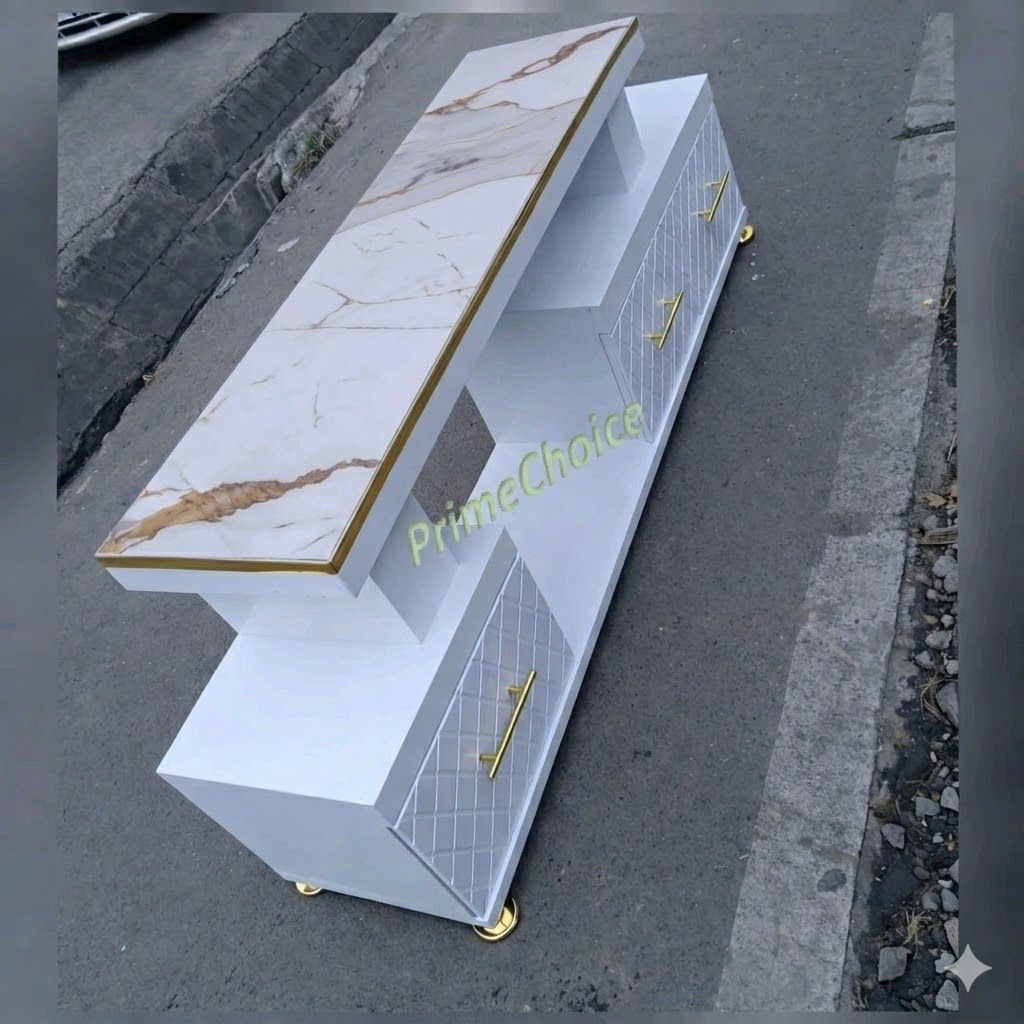 Modern TV Stand 5FT Wooden with Marble Top With LED Lights Can Fit upto 55 Inch TV  High Quality TV Stands Stylish Classic and Durable PLUS Free 4-Way Extension Cable