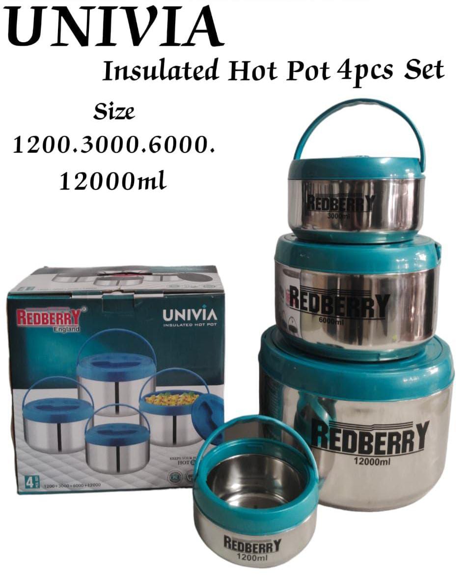 Set of 4pcs stainless steel UNIVIA Insulated big family hotpots for hot and fresh meals and capacity of 12000mls/6000mls/3000mls/1200mls