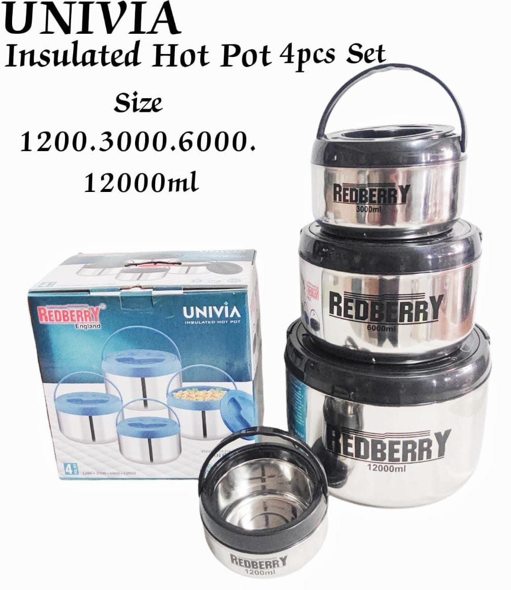 Set of 4pcs stainless steel UNIVIA Insulated big family hotpots for hot and fresh meals and capacity of 12000mls/6000mls/3000mls/1200mls
