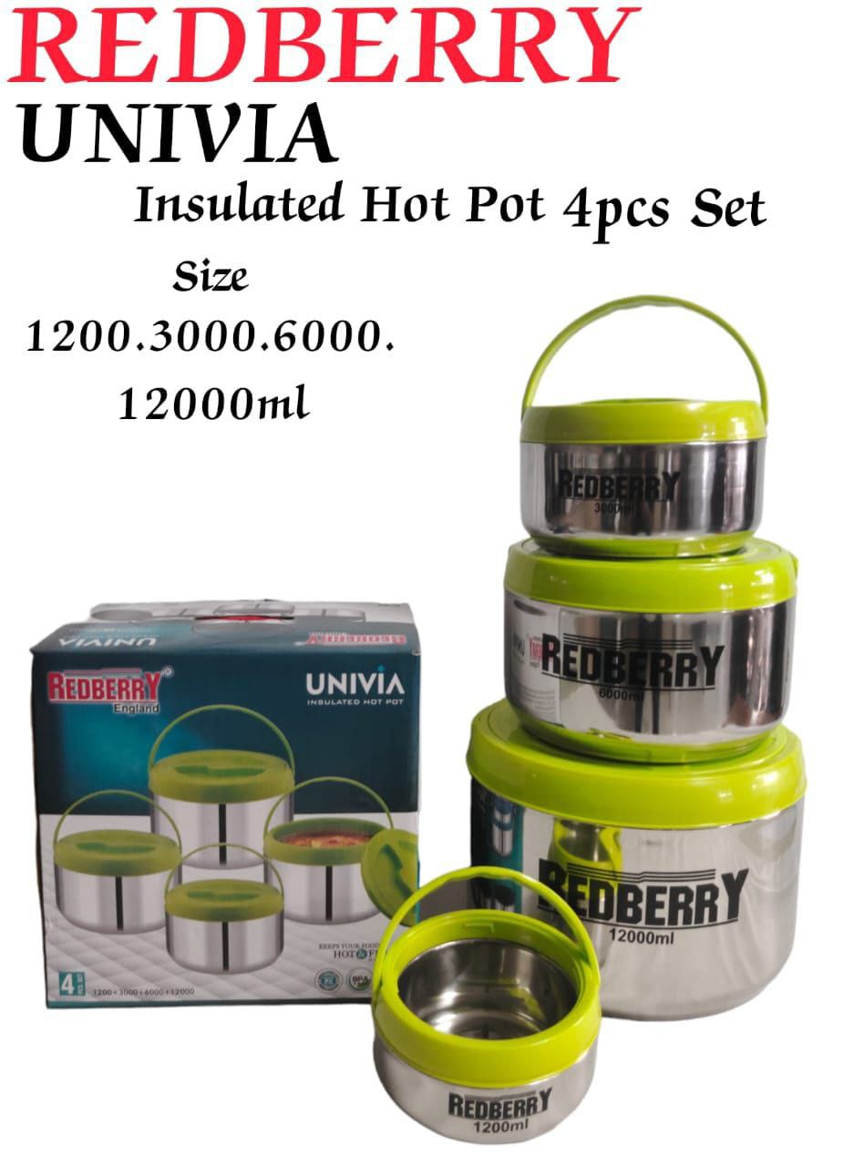 Set of 4pcs stainless steel UNIVIA Insulated big family hotpots for hot and fresh meals and capacity of 12000mls/6000mls/3000mls/1200mls